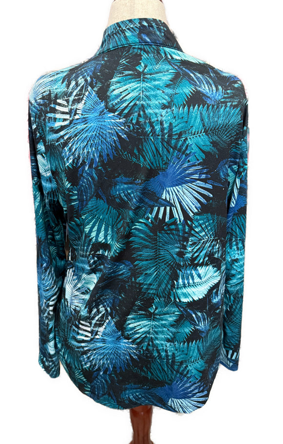 Emerald 18 Women's Teal Palm Print Long Sleeve Pullover Size L