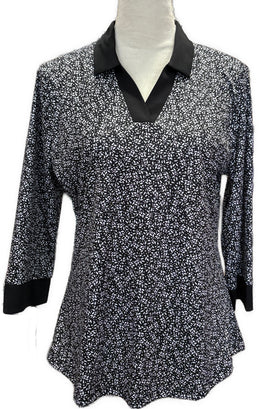 PGA Tour Black & White Floral Print 3/4 Sleeve Top Size L