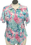 Women's Blue & Pink Floral Print Short Sleeve Golf Top Size 2XL-1