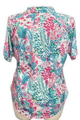 Women's Blue & Pink Floral Print Short Sleeve Golf Top Size 2XL - 0