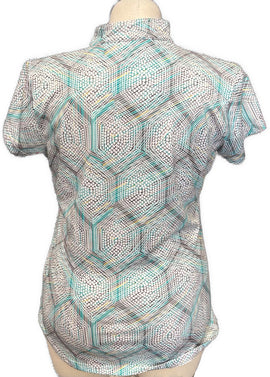 Pebble Beach Teal Gray & White Patterned Women's Short Sleeve Top Size L - 0