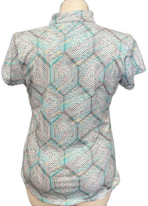 Pebble Beach Teal Gray & White Patterned Women's Short Sleeve Top Size L