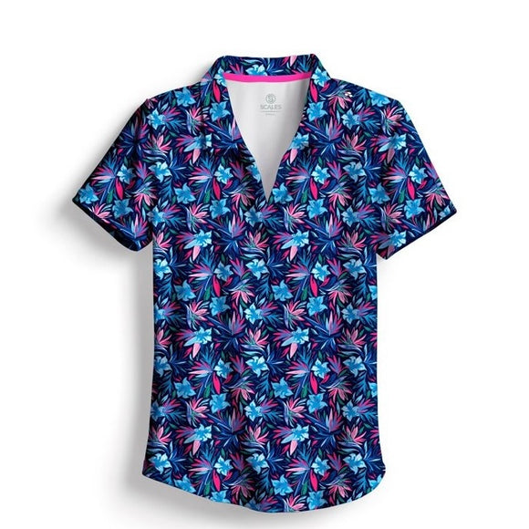 New Scales Women's WIld Flowers Short Sleeve Golf Polo - Marine Size S MSP$80