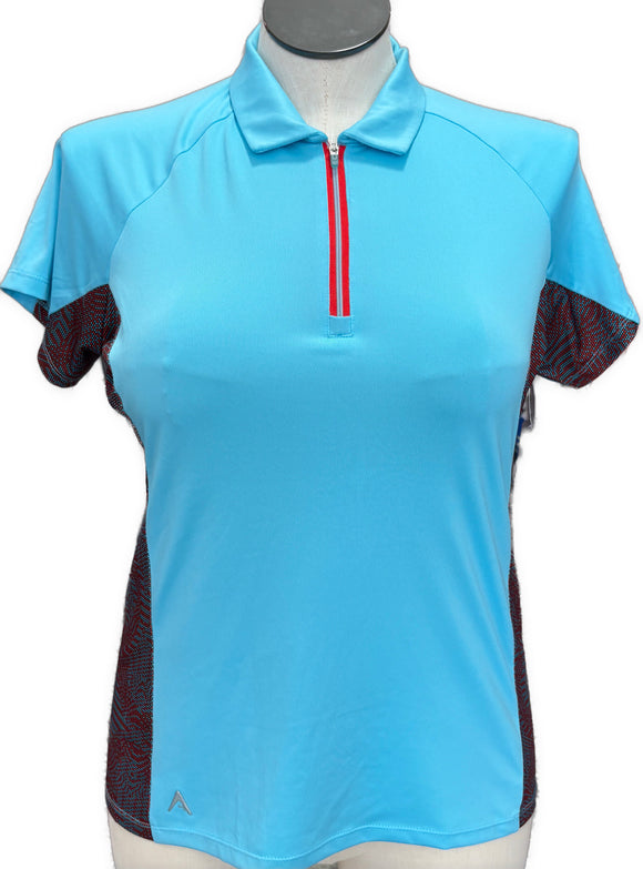 Antigua Aqua & Red Patterned Women's Short Sleeve Polo w/Logo Size L