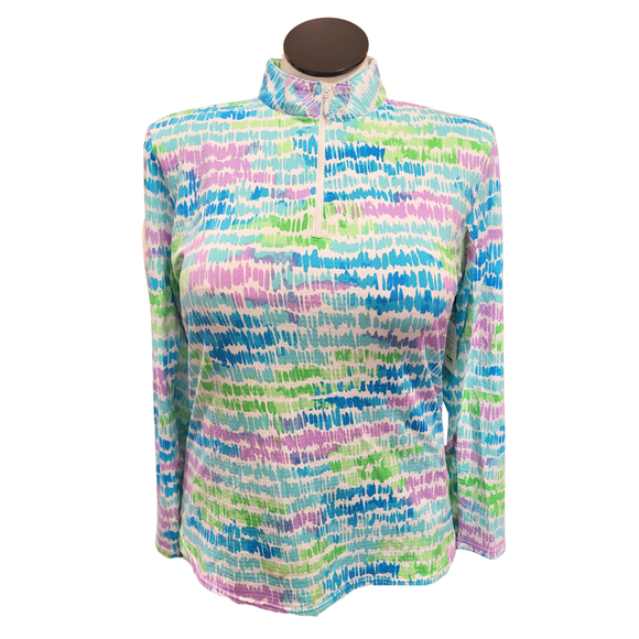 Icikuls Blue & Green Brushstroke Longsleeve Zip Mock Sun Shirt Size XL