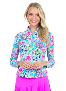 Ibkul Women's Larisa Turquoise Print Long Sleeve Sun Shirt Size L MSP$100