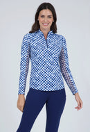 New Ibkul Women's Navy Gingham Long Sleeve Zip Mock Sun Shirt Size XS MSP$101-1