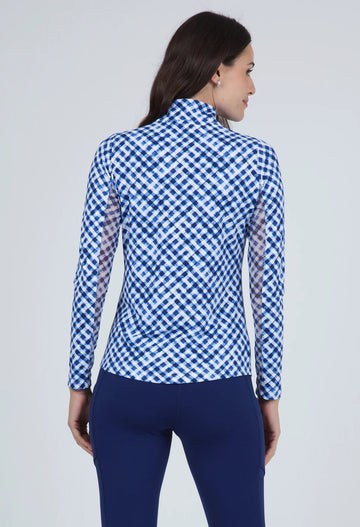 New Ibkul Women's Navy Gingham Long Sleeve Zip Mock Sun Shirt Size XS MSP$101 - 0
