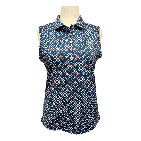 Peter Millar Women's Navy Geo Print Sleeveless Golf Polo w/ Logo Size L