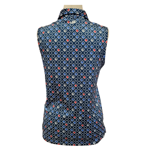 Peter Millar Women's Navy Geo Print Sleeveless Golf Polo w/ Logo Size L
