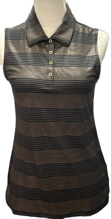 Greg Norman Women's Black & Gold Striped Sleeveless Golf Polo Size S
