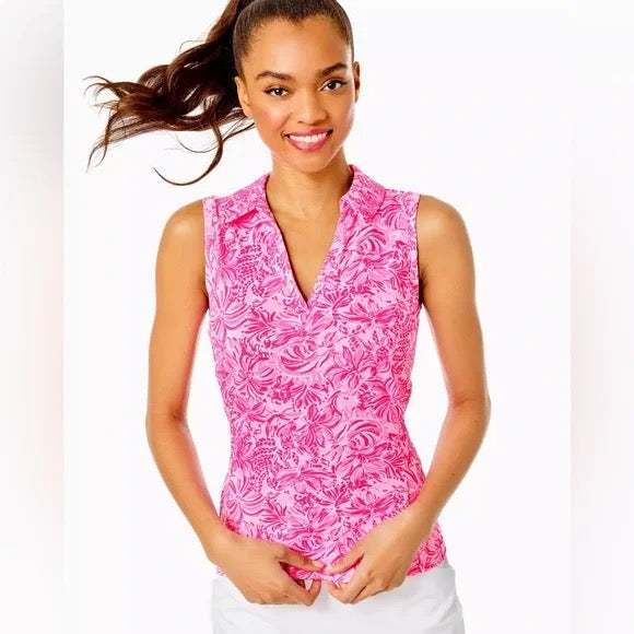 Lilly Pulitzer Luxletic Sleeveless Golf Top Pink Blossom Foxy Llama Print Size S MSP$108