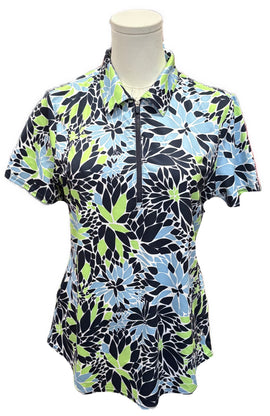 Jofit Navy, Light Blue & Lime Floral Printed Short Sleeve Golf Polo Size S