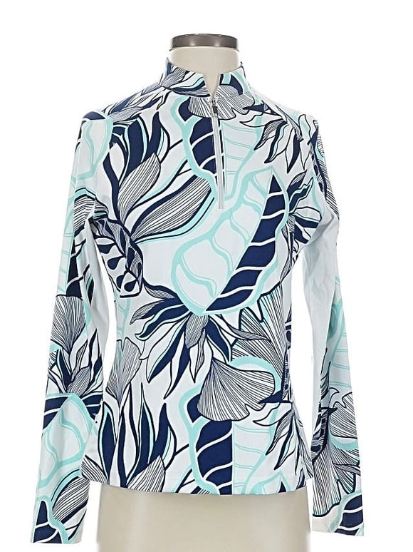 Tail Activewear White, Aqua & Navy Tropical Print Pullover Size S