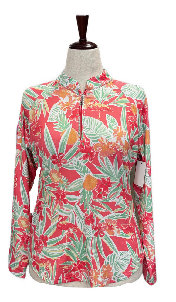 Emerald 18 Coral Floral 1/4 Zip Long Sleeve Pullover Size M