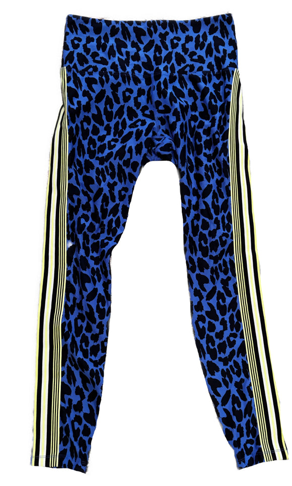Lorna Jane Women's Blue & Black Leopard Print Leggings w/Yellow Accents Size L MSP$72