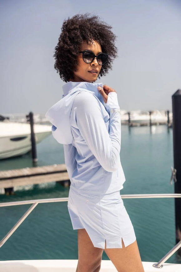 New Golftini Women's Seersucker Blue Be An Athlete Hooded Jacket MSP$164