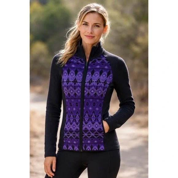 Title Nine Merino Wool Black & Purple Geo Full-Zip Jacket Size L MSP$149