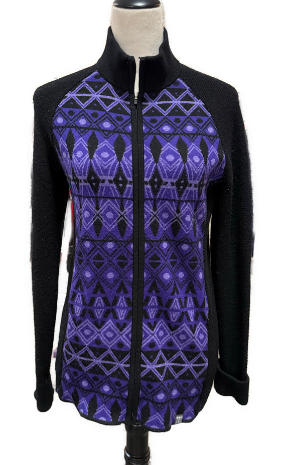 Title Nine Merino Wool Black & Purple Geo Full-Zip Jacket Size L MSP$149