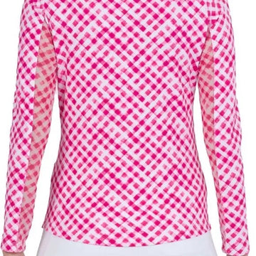 New Ibkul Long Sleeve Zip Mock Gingham Check Sun Shirt - Hot Pink MSP$101 - 0