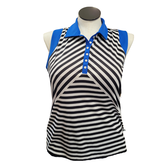 Lady Hagen Black & White Striped Polo w/ Royal Trim Size L