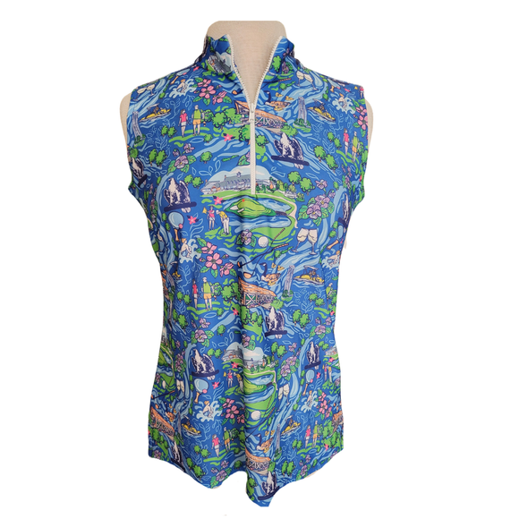 Katherine Way Blue Golfer Print Sleeveless Golf Top Size S MSP$128