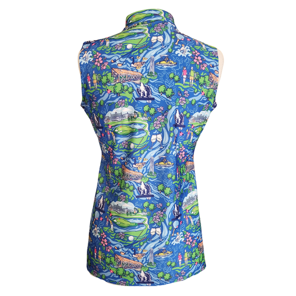 Katherine Way Blue Golfer Print Sleeveless Golf Top Size S MSP$128