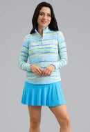 New Ibkul Women's Gia Long Sleeve Zip Mock Sun Shirt- Blue Multi-1