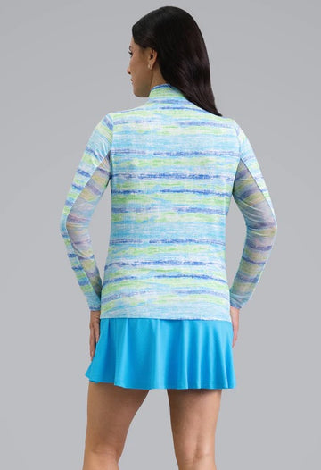 New Ibkul Women's Gia Long Sleeve Zip Mock Sun Shirt- Blue Multi - 0