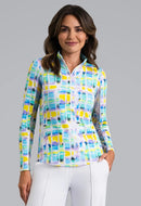 New Ibkul Tatiana Print Long Sleeve Zip Mock Sun Shirt-1