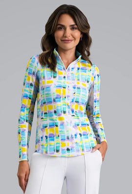 New Ibkul Tatiana Print Long Sleeve Zip Mock Sun Shirt