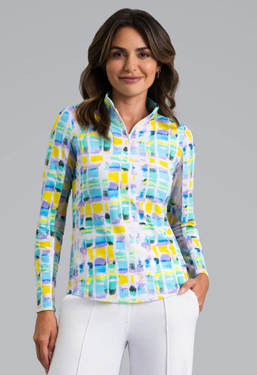 New Ibkul Tatiana Print Long Sleeve Zip Mock Sun Shirt