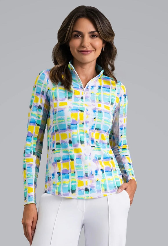 New Ibkul Tatiana Print Long Sleeve Zip Mock Sun Shirt
