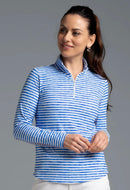 New Women's Ibkul Royal Landon Stripe Zip Mock SUn SHirt Size M MSP$100-1
