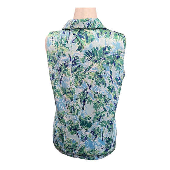 Coral Bay Blue & Green Palm Tree Print Sleeveless Golf Polo Size L
