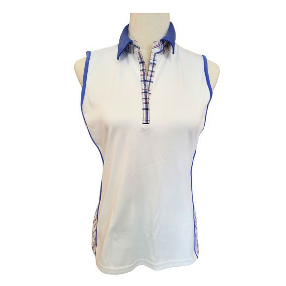Izod Golf White Sleeveless Polo w/ Blue & Pink Plaid Accents Size M