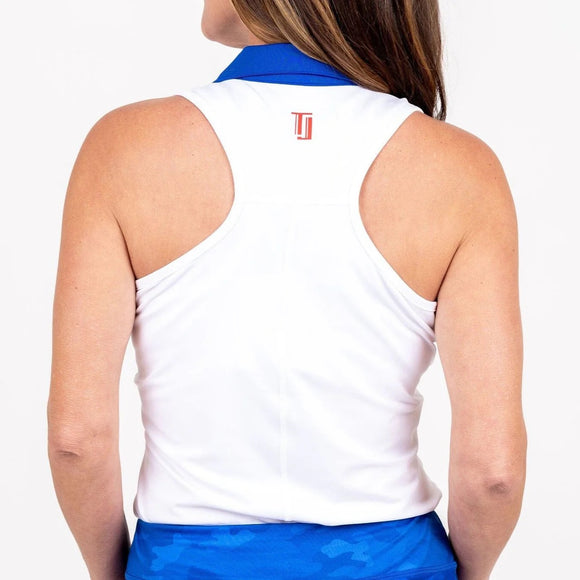 New TJ Sport Women's Racerback Golf Shirt White/Royal MSP$82