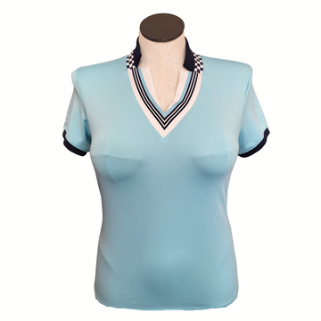 Lucky in Love Aqua V-Neck Golf Top w/ Printed Collar Size M