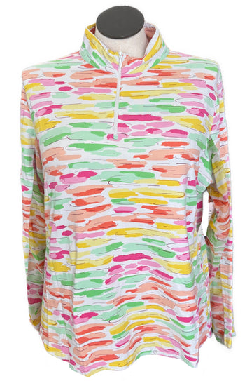 Ibkul Multicolored Brushstroke Print Zip Mock Sun Shirt Size XXL