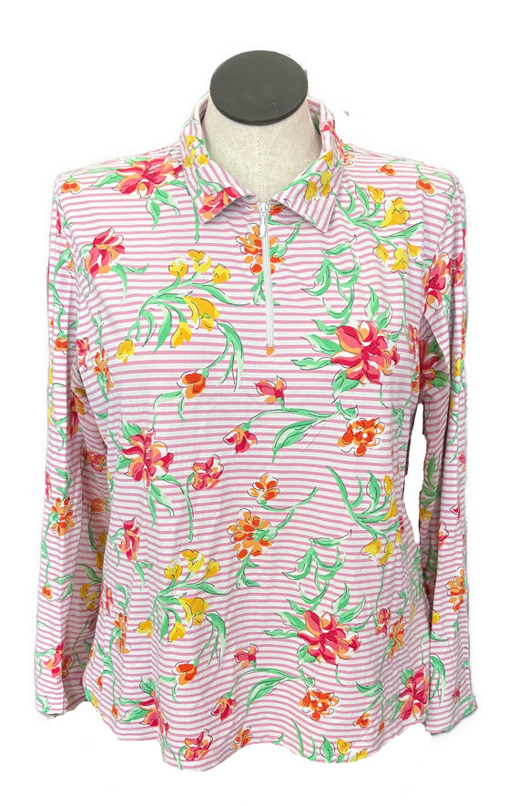 Ibkul Pink & White Striped & Floral Long Sleeve Sun Shirt Size XXL MSP$100