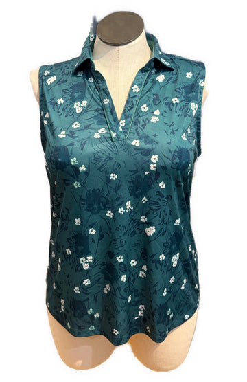 Greg Norman Jade Sleeveless Polo w/ White Flowers Size XL