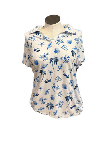 New Weekends by Chicos White Short Sleeve Top w/Navy Beach Pattern Size XL