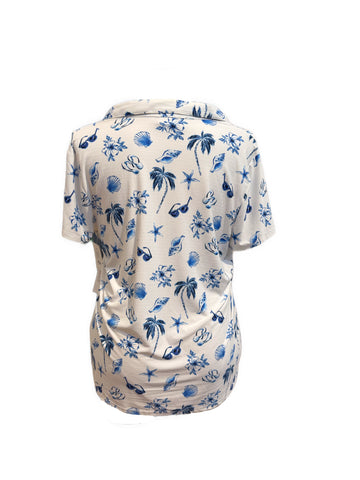 New Weekends by Chicos White Short Sleeve Top w/Navy Beach Pattern Size XL - 0