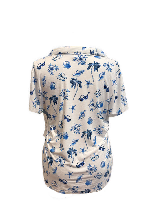 New Weekends by Chicos White Short Sleeve Top w/Navy Beach Pattern Size XL