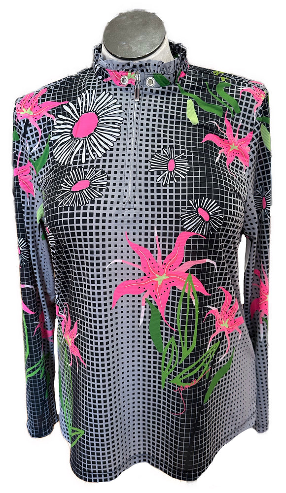 Sunsense by Jamie Sadock Gray & Black Square w/ Pink Flowers Print Sun Shirt Size XL