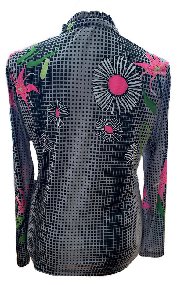 Sunsense by Jamie Sadock Gray & Black Square w/ Pink Flowers Print Sun Shirt Size XL