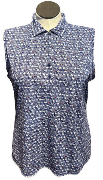 Peter Millar Women's Navy & White Tiny House Print Sleeveless Golf Top Size XL