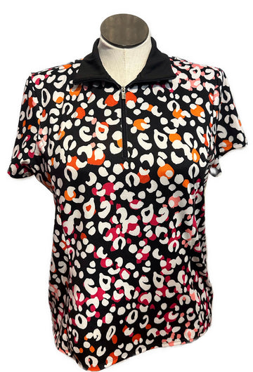 Chico's Women's Black, White & Orange Cheetah Print Short Sleeve Golf Top Size XL