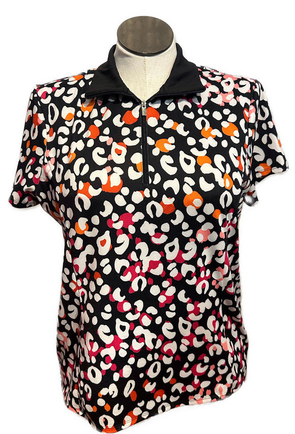 Chico's Women's Black, White & Orange Cheetah Print Short Sleeve Golf Top Size XL