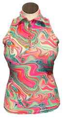 Tzu Tzu Pink & Green Wavy Patterned Sleeveless Top Size M-1